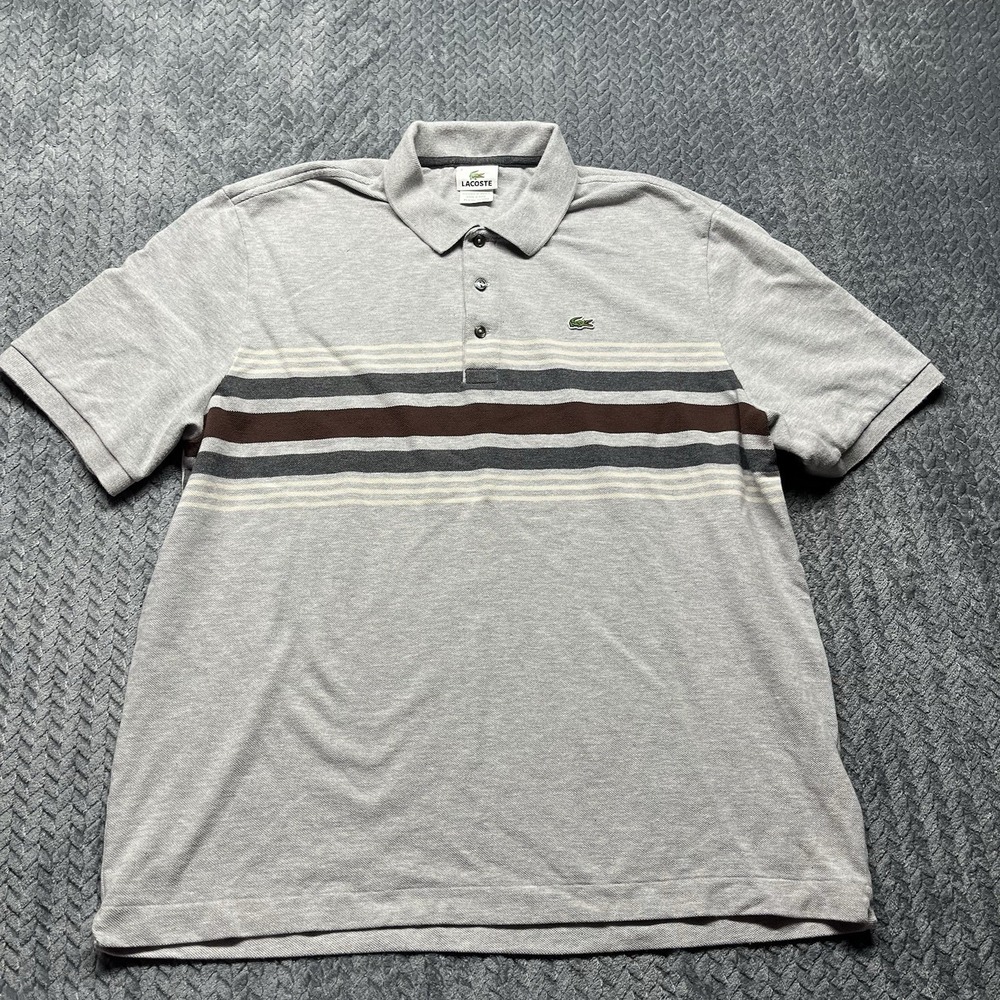 Lacoste Men Polo Shirt Size 7 Gray Striped 100%‎ Cotton Classic Fit Made In Peru